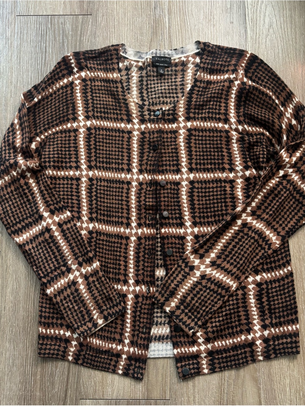 Talbots Brown and Cream Plaid Cardigan Sweater